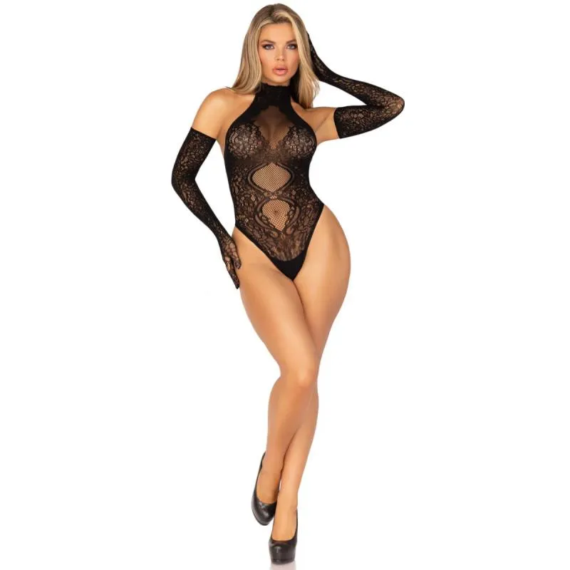Leg Avenue – Spitzen-Halterneck Teddy & Handschuhe – Schwarz