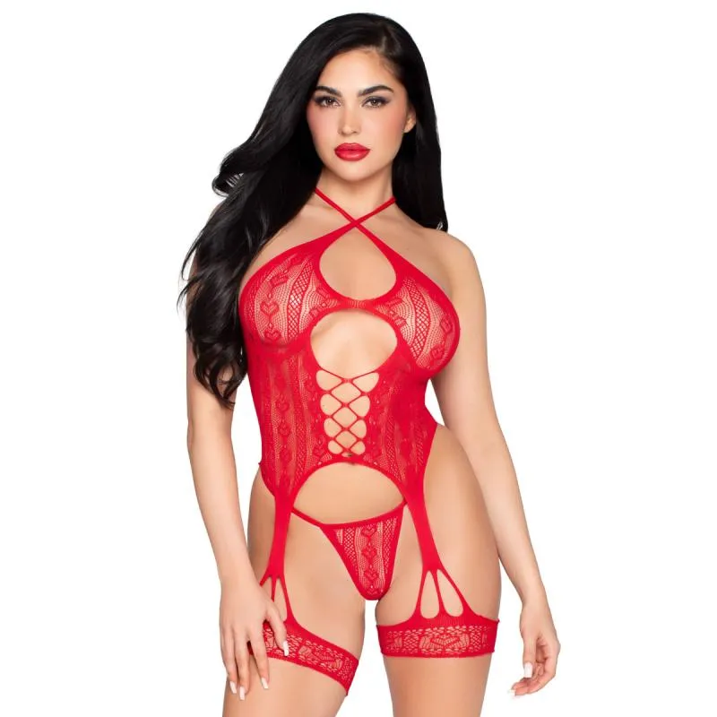 Leg Avenue – Heart Net Cami-Garter & String – Rot