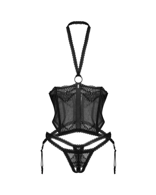 Obsessive – Cupless Korsett & Schrittfreier String – Schwarz
