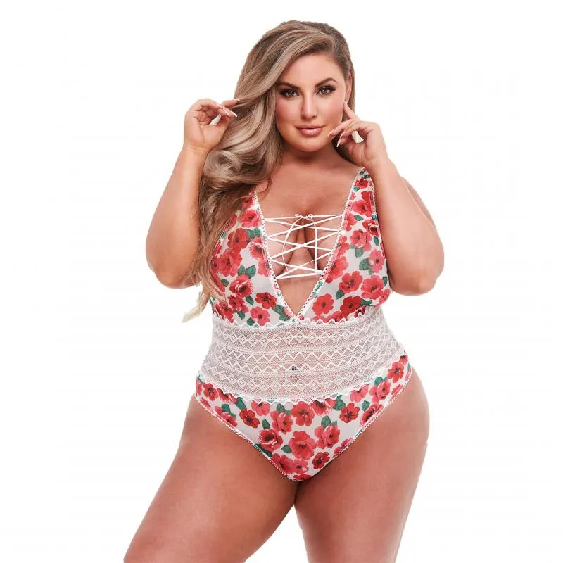 Baci - Weißer-Spitzen-Teddy mit Blumenmuster und Schnürung - Für Kurven