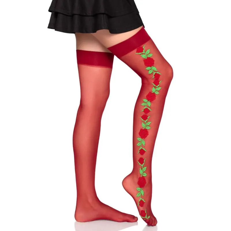 Leg Avenue - Halterlose Strümpfe mit Rosen - Rot