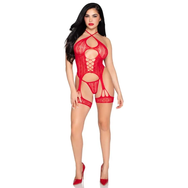 Leg Avenue – Heart Net Cami-Garter & String – Rot