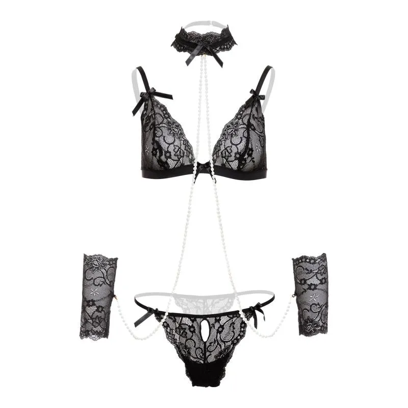 Christine - 4-teiliges Soft Bondage Bh-Set mit Perlen Mea - Schwarz