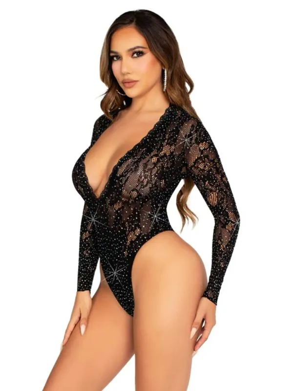 Leg Avenue – Spitzen-Bodysuit mit Deep-V-Ausschnitt – Schwarz