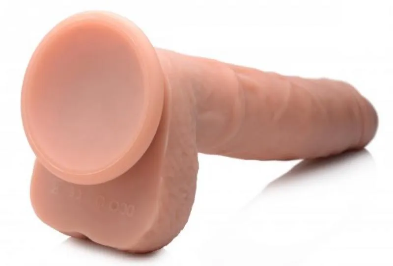 Vibrierender und stoßender XL-Dildo mit Saugnapf und Hoden - Beige