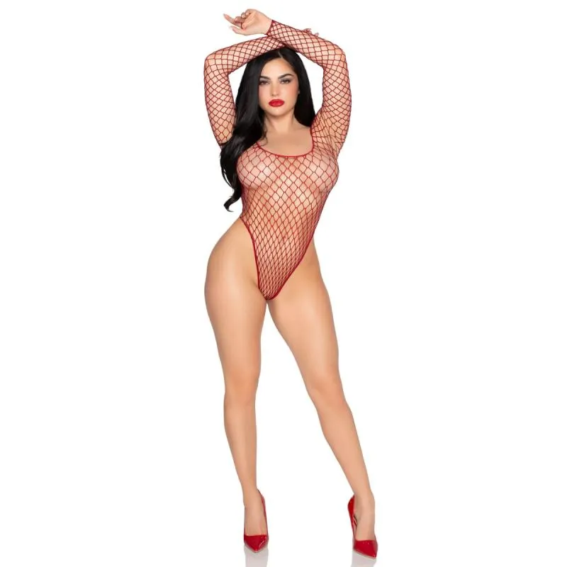 Leg Avenue - High-Cut Netz Bodysuit - Rot