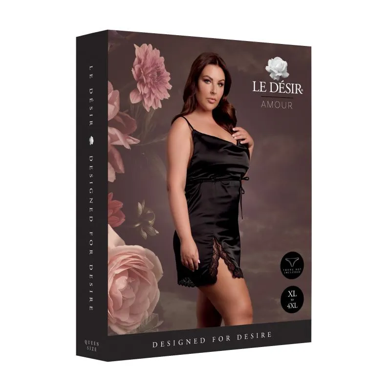 Le Desir – Seidenkleid mit Kreuzträgern und Schlitz, Rückenausschnitt, Queen Size – Schwarz