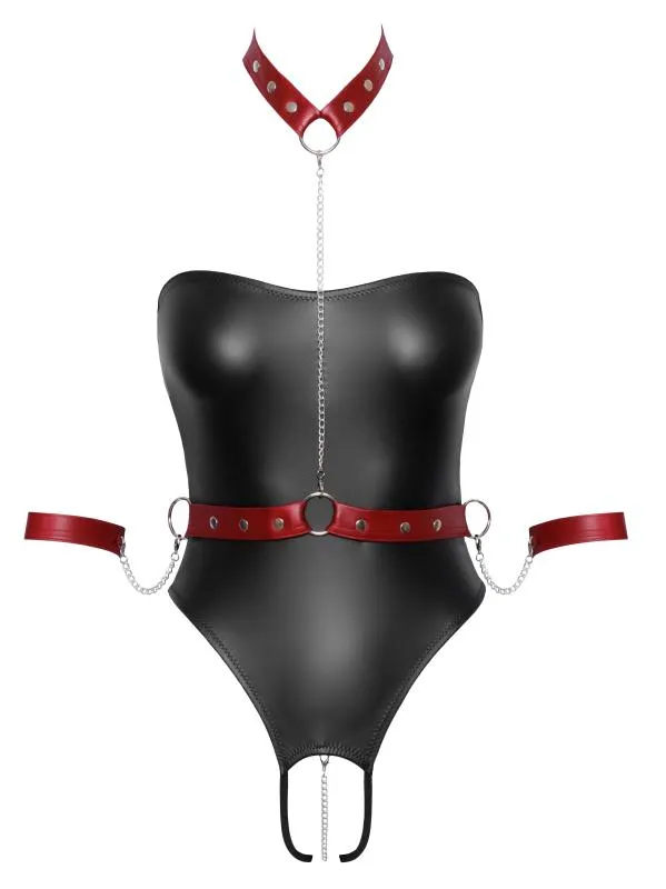 Cottelli Bondage - Stringbody mit Bondage-Details - Schwarz/Rot