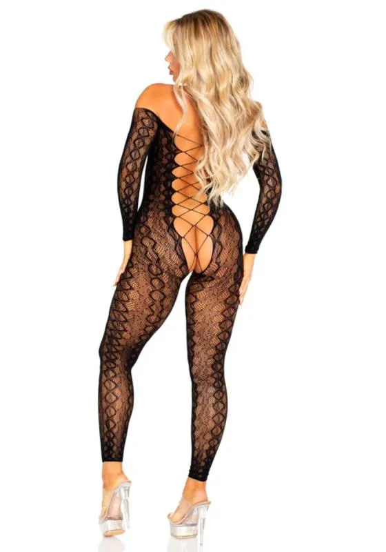 Leg Avenue – Schrittlose Bodystocking mit Schlangenmuster – Schwarz