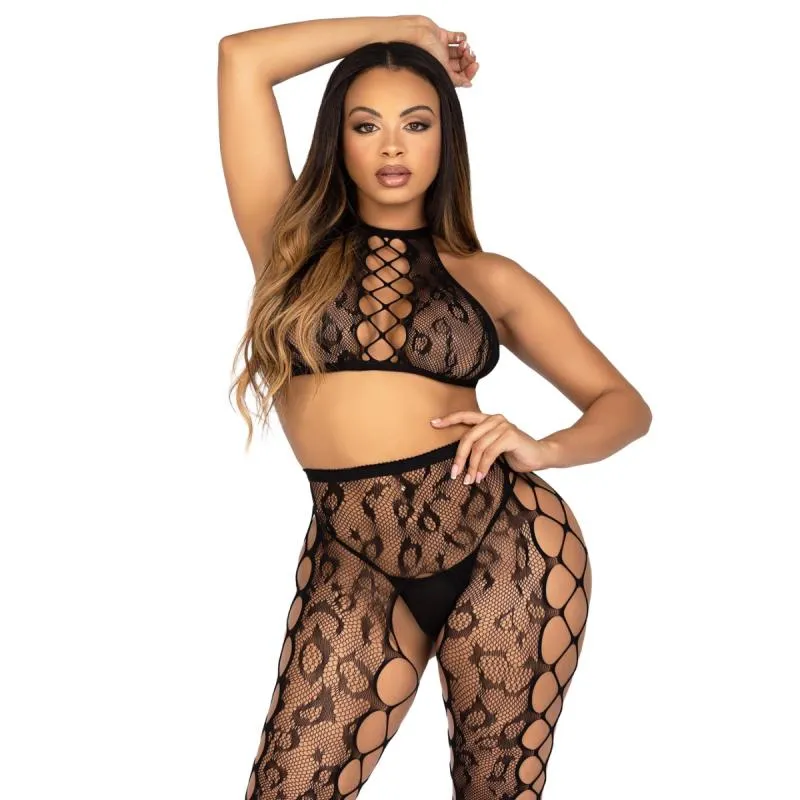 Leg Avenue - Crop Top und Offene Schritt Strumpfhose - Schwarz
