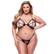 Baci - 2pc Peek-a-boo Bra & Crotchless G-string Set Black Queen Baci - 2pc Peek-a-boo Bra & Crotchless G-string Set Black Queen