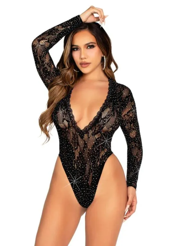Leg Avenue – Spitzen-Bodysuit mit Deep-V-Ausschnitt – Schwarz