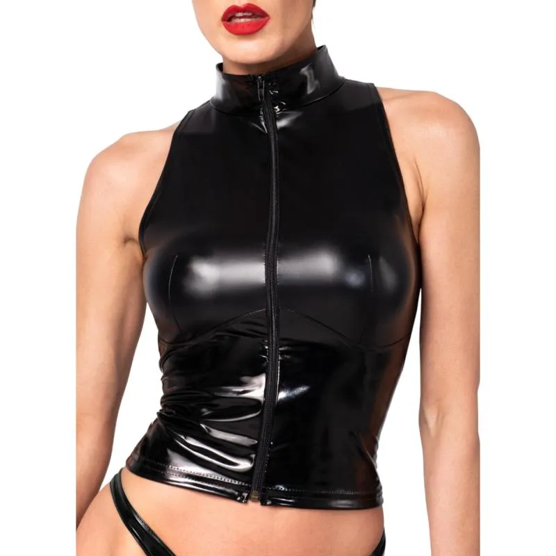 Noir Handmade – Glam Wetlook Top Mit Vinylkorsett – Schwarz