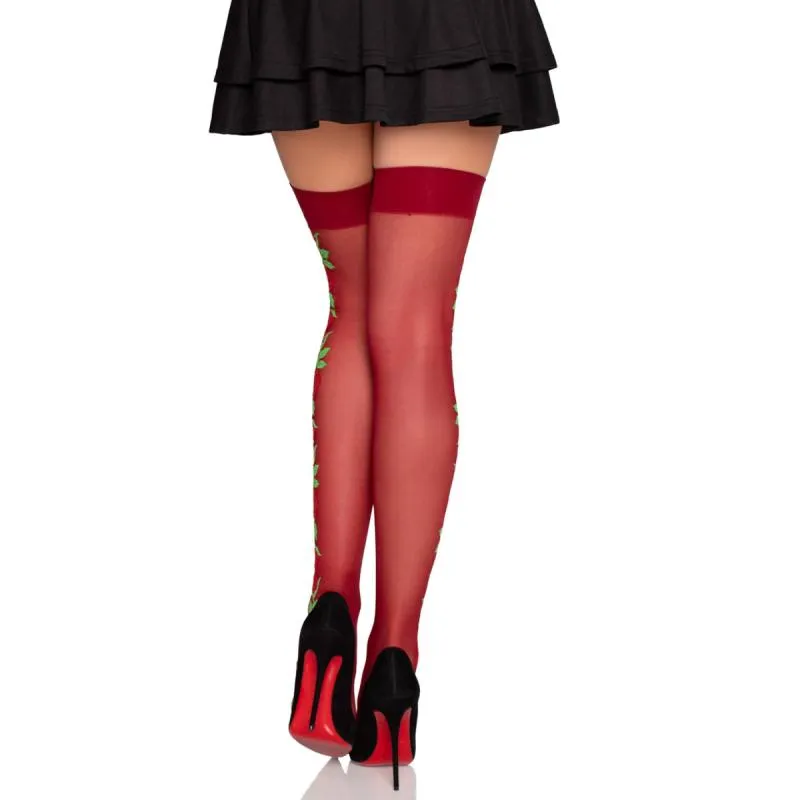 Leg Avenue - Halterlose Strümpfe mit Rosen - Rot