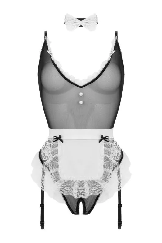 Christine - Maid Kostüm mit offenem Schritt - Schwarz/Weiß