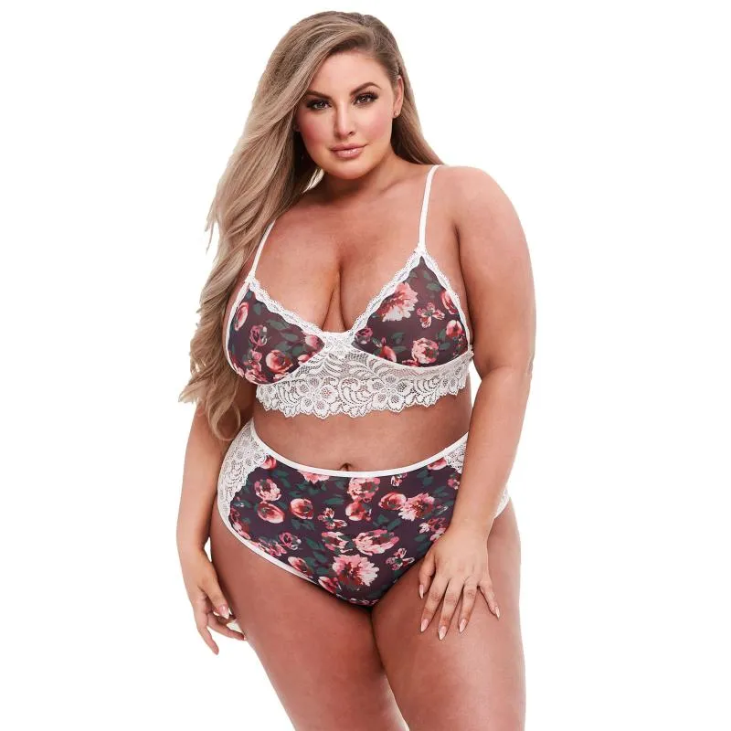 BACI LINGERIE – BH-Set mit Grauem Blumenmuster & Spitze – White Label – Queen Size