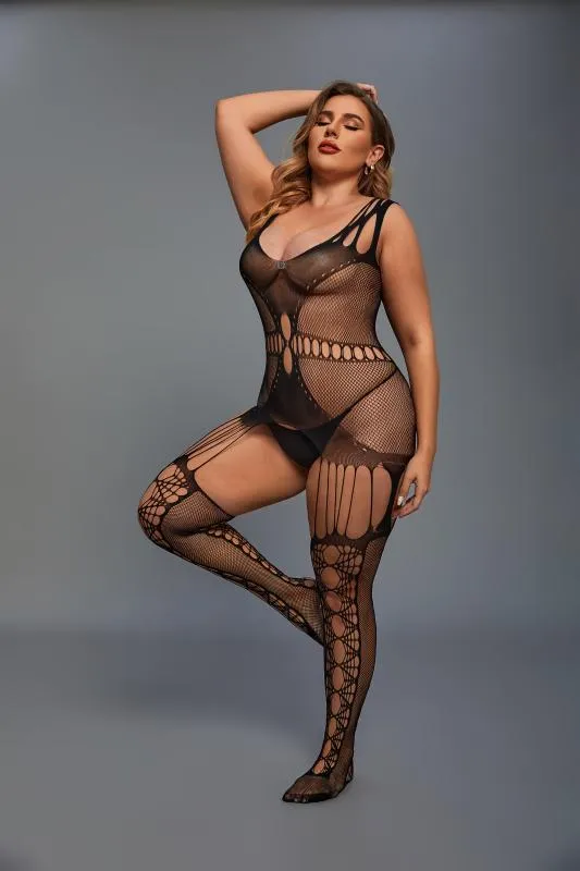 Christine - Catsuit mit Straps-Design Schwarz - Curvy