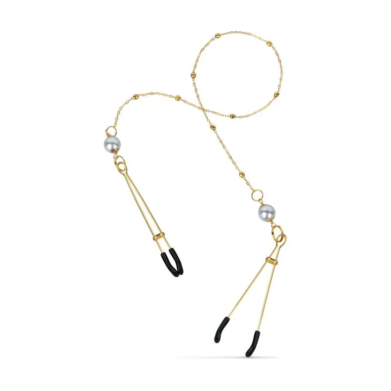 Goldene Brustwarzenklemmen mit Kette und Perlen