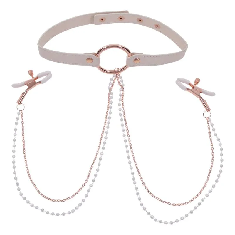 Sportsheets – S&M Peaches ‘n CreaMe Halsband mit Brustwarzenklemmen – Cream