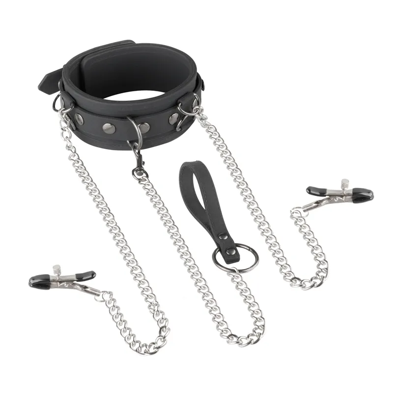 Kunstlederhalsband mit Kette und Nippelklemmen