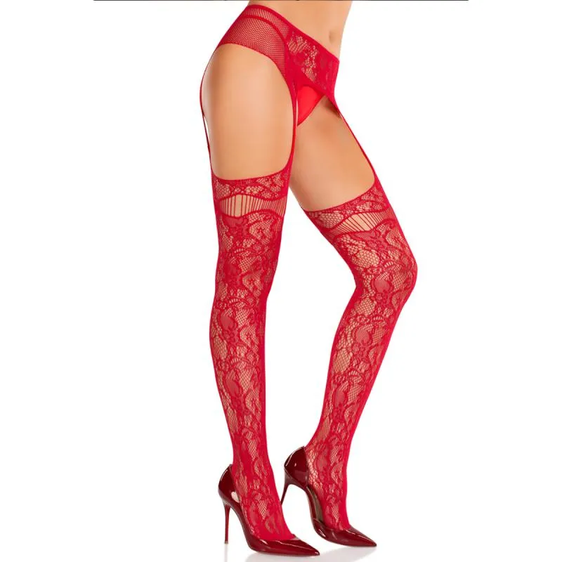 Leg Avenue - Netzstrümpfe mit Strapsgürtel - Rot