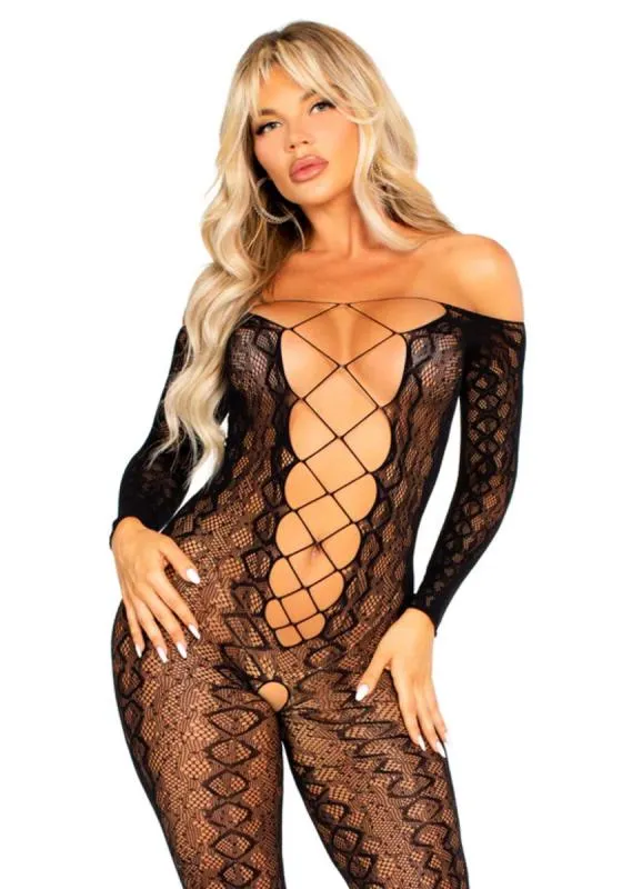 Leg Avenue – Schrittlose Bodystocking mit Schlangenmuster – Schwarz