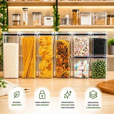 Kit 8 Potes Herméticos Mantimentos Quadrado Cozinha Tampa Vedação Hermética Amobox Kit 8 Potes Herméticos Mantimentos Quadrado Cozinha Tampa Vedação Hermética Amobox