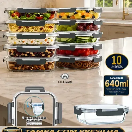 Kit 10 Marmitas Vidro Hermético Fitness Freezer Microondas Cinza-escuro Kit 10 Marmitas Vidro Hermético Fitness Freezer Microondas Cinza-escuro