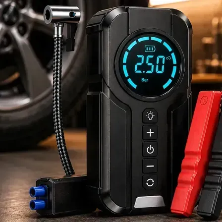 Auxiliar de Partida e Compressor de Ar Portátil 6 em 1 Inteligente para Carro, Moto e Bicicleta com Lanterna e Power Bank Auxiliar de Partida e Compressor de Ar Portátil 6 em 1 Inteligente para Carro, Moto e Bicicleta com Lanterna e Power Bank