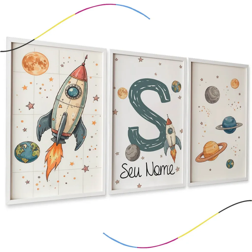Quadros Decorativos Infantis Astronauta, Foguete e Planetas, Personalizável com Nome, Kit 3 Peças Quadros Decorativos Infantis Astronauta, Foguete e Planetas, Personalizável com Nome, Kit 3 Peças