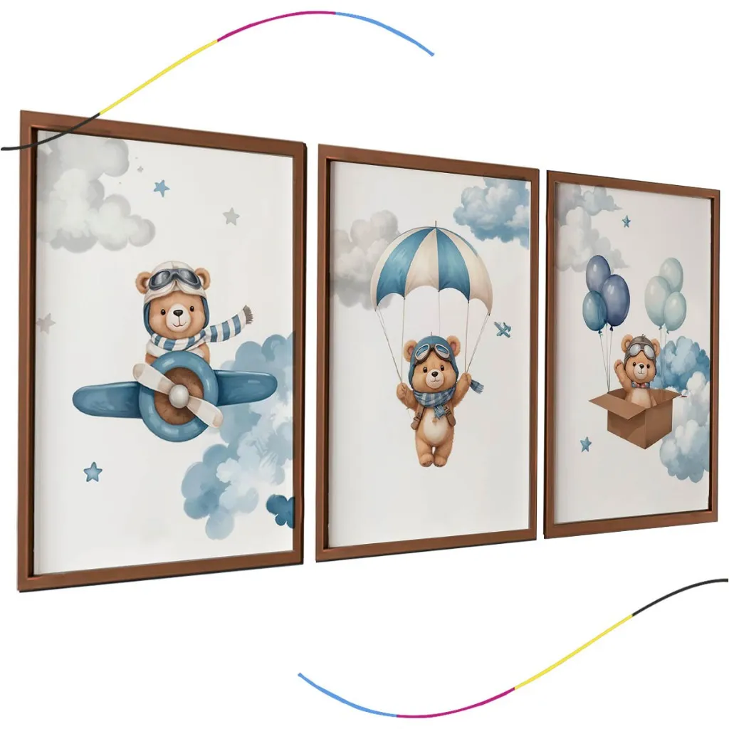 Conjunto de 3 Quadros Decorativos Infantis com moldura Urso Aviador em Azul Arte para Quarto de Bebê Conjunto de 3 Quadros Decorativos Infantis com moldura Urso Aviador em Azul Arte para Quarto de Bebê