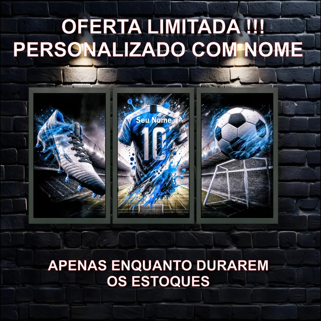 Kit 3 Quadros Decorativos Infantil Futebol, Personalizado com Nome, Camisa, Chuteira, Bola, Quarto Kit 3 Quadros Decorativos Infantil Futebol, Personalizado com Nome, Camisa, Chuteira, Bola, Quarto