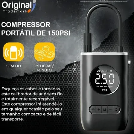 Mini Compressor Ar Digital Portátil Bomba Elétrica Sem Fio Carro Moto Pneu Calibrador 12v O.T Mini Compressor Ar Digital Portátil Bomba Elétrica Sem Fio Carro Moto Pneu Calibrador 12v O.T