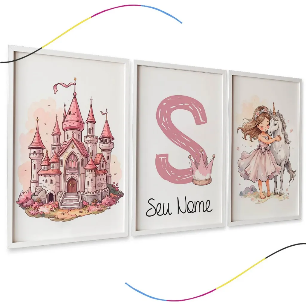 Quadros Decorativos Infantis, Castelo Rosa, Inicial com Coroa e Unicórnio, 3 Peças, Personalizável Quadros Decorativos Infantis, Castelo Rosa, Inicial com Coroa e Unicórnio, 3 Peças, Personalizável