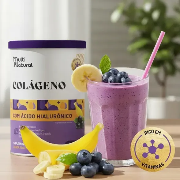 Colágeno Com Ácido Hialurônico Pele Cabelos e Unhas Pote 300g Sabor Açaí Com Banana - Multi Natural Colágeno Com Ácido Hialurônico Pele Cabelos e Unhas Pote 300g Sabor Açaí Com Banana - Multi Natural