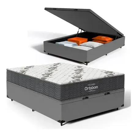Cama Box Baú Casal + Colchão Espuma D33 Ortobom Airtech 100 Cinza Cama Box Baú Casal + Colchão Espuma D33 Ortobom Airtech 100 Cinza