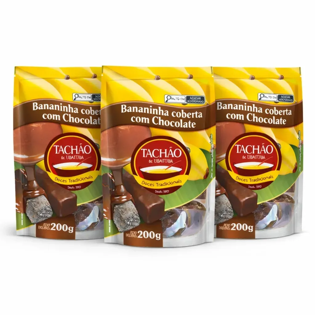 Kit 3 Bananinha coberta c/ Chocolate TACHÃO DE UBATUBA 200g Kit 3 Bananinha coberta c/ Chocolate TACHÃO DE UBATUBA 200g