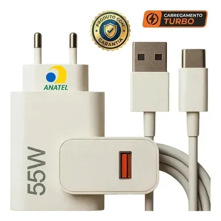 Carregador Turbo 55w USB-C Com Cabo Tipo C 1 Metro Fonte Bivolt 110v/220v, Carregamento Rápido Fast Charge, Ideal Para Celular Android, Compatível Com iPhone Samsung Motorola Xiaomi LG Carregador Turbo 55w USB-C Com Cabo Tipo C 1 Metro Fonte Bivolt 110v/220v, Carregamento Rápido Fast Charge, Ideal Para Celular Android, Compatível Com iPhone Samsung Motorola Xiaomi LG