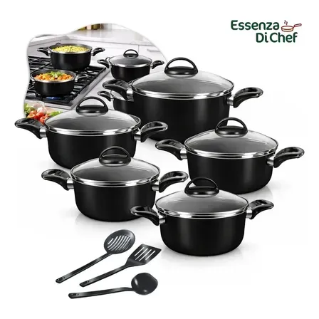 Conjunto De Panelas Caçarolas 5 Peças Antiaderente Com 3 Utensilios E Tampa De Vidro Preto Conjunto De Panelas Caçarolas 5 Peças Antiaderente Com 3 Utensilios E Tampa De Vidro Preto
