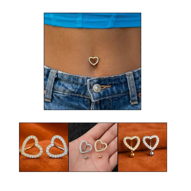 (Semi Joia) Piercing Umbigo Coração Zirconia AntiAlergico Ouro18 Prata925 Aço Cirurgico