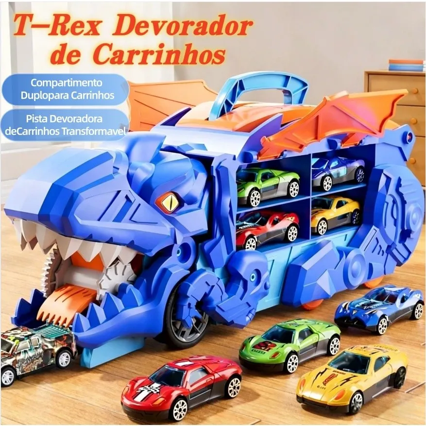 Caminhão Dinossauro Engole Carrinhos com 4 Carros de Metal Transformável com Pista Rampa e Alça Caminhão Dinossauro Engole Carrinhos com 4 Carros de Metal Transformável com Pista Rampa e Alça