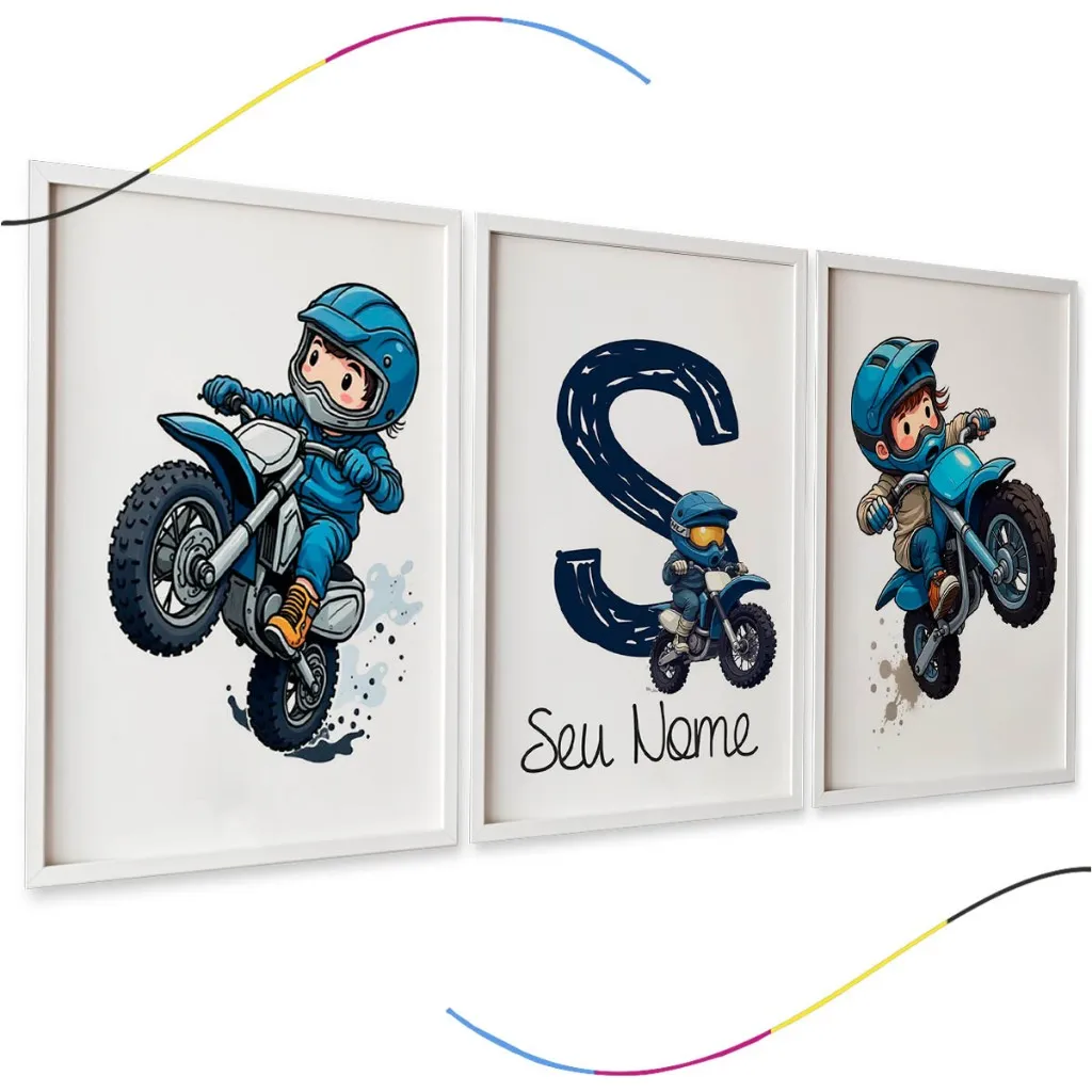 Quadros Decorativos Infantis Motocross, Conjunto 3 Peças, Letra S Personalizável, Azul e Branco Quadros Decorativos Infantis Motocross, Conjunto 3 Peças, Letra S Personalizável, Azul e Branco