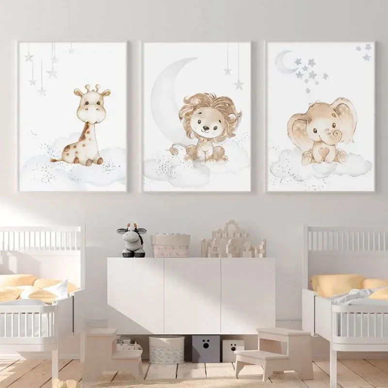 quadro decorativo infantil safari lua estrela leão girafa elefante fofo 3 peças quadro decorativo infantil safari lua estrela leão girafa elefante fofo 3 peças