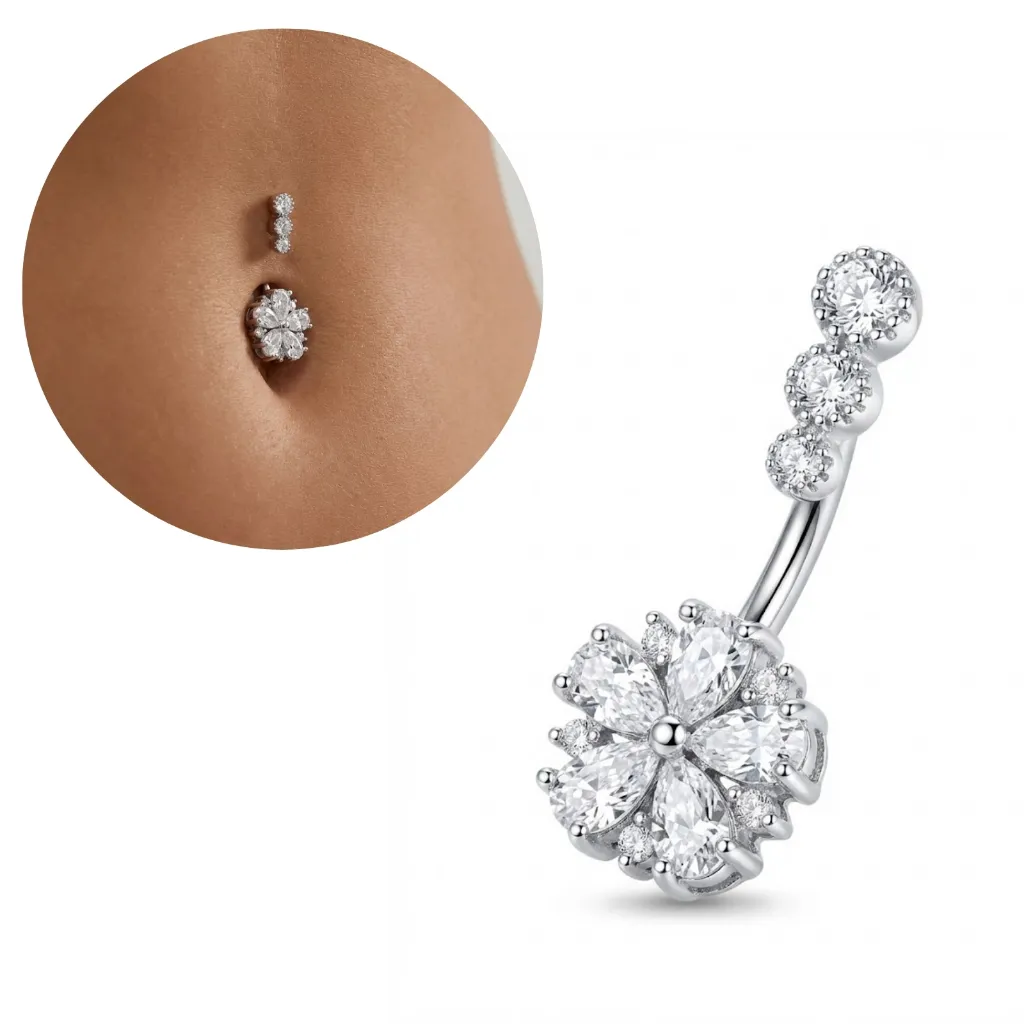Piercing Umbigo Zircônia Flor Cravejada Aço Cirúrgico Prata Acessórios Femininos Piercing Umbigo Zircônia Flor Cravejada Aço Cirúrgico Prata Acessórios Femininos