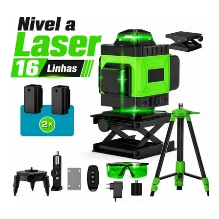 Kit Nível A Laser Verde 16 Linhas Esquadro + Suporte + Tripé Recarregável Profissional Prumo Autonivelante Óculos Kit Nível A Laser Verde 16 Linhas Esquadro + Suporte + Tripé Recarregável Profissional Prumo Autonivelante Óculos