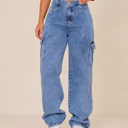 Calça Cargo Jeans Feminina Wide Leg Cintura Alta Stillger Calça Cargo Jeans Feminina Wide Leg Cintura Alta Stillger