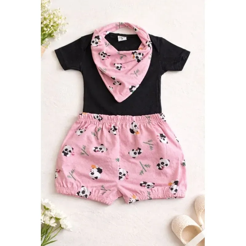 Conjunto Bebê Bandana Body Shorts Menina Panda Conjunto Bebê Bandana Body Shorts Menina Panda