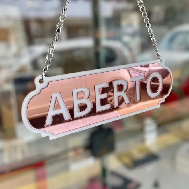 Placa Aberto Fechado em Acrílico Espelhado 25x8cm com ventosa Placa Aberto Fechado em Acrílico Espelhado 25x8cm com ventosa