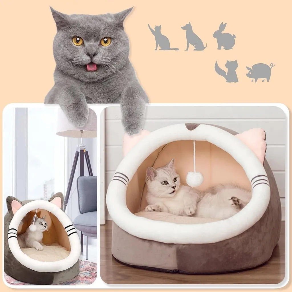 Cama Cabana Pet Formato de Gato Toca com Bolinha Interativa Cama Cabana Pet Formato de Gato Toca com Bolinha Interativa