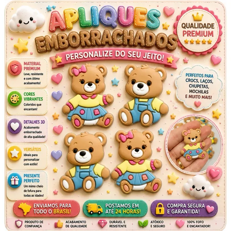 Aplique Emborrachado Infantil Ursinho Ursinha Baby Laços Tiaras Prendedores Artesanato Aplique Emborrachado Infantil Ursinho Ursinha Baby Laços Tiaras Prendedores Artesanato